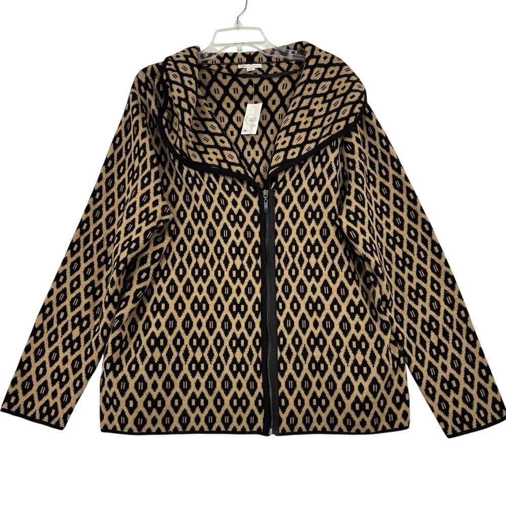 Cato Wool Blend‎ Cardigan Sweater Size 22/24W Black Tan Shawl Collar Full Zip
